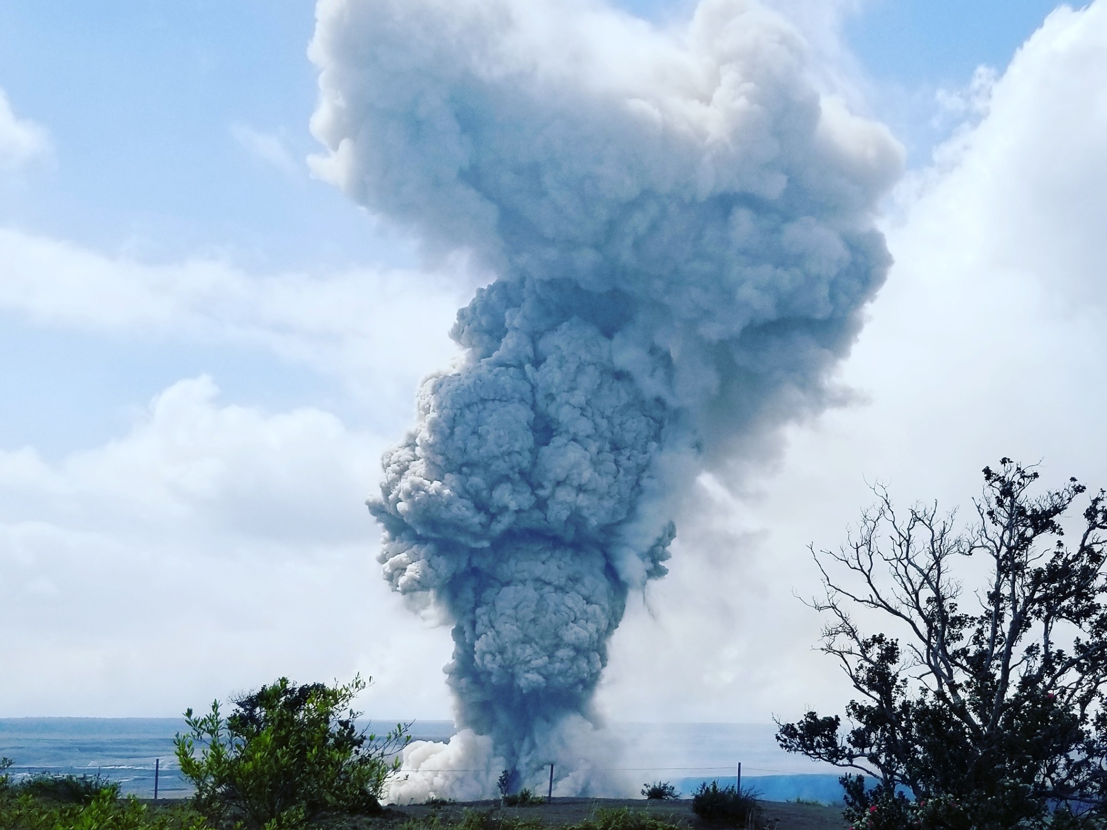 Eruption with large ash cloud rising into blue sky, surrounded by vegetation.