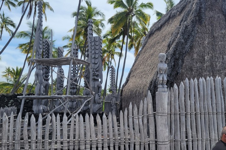 Historical Polynesian site with thatched hut, carved wooden figures, and palm trees in background.