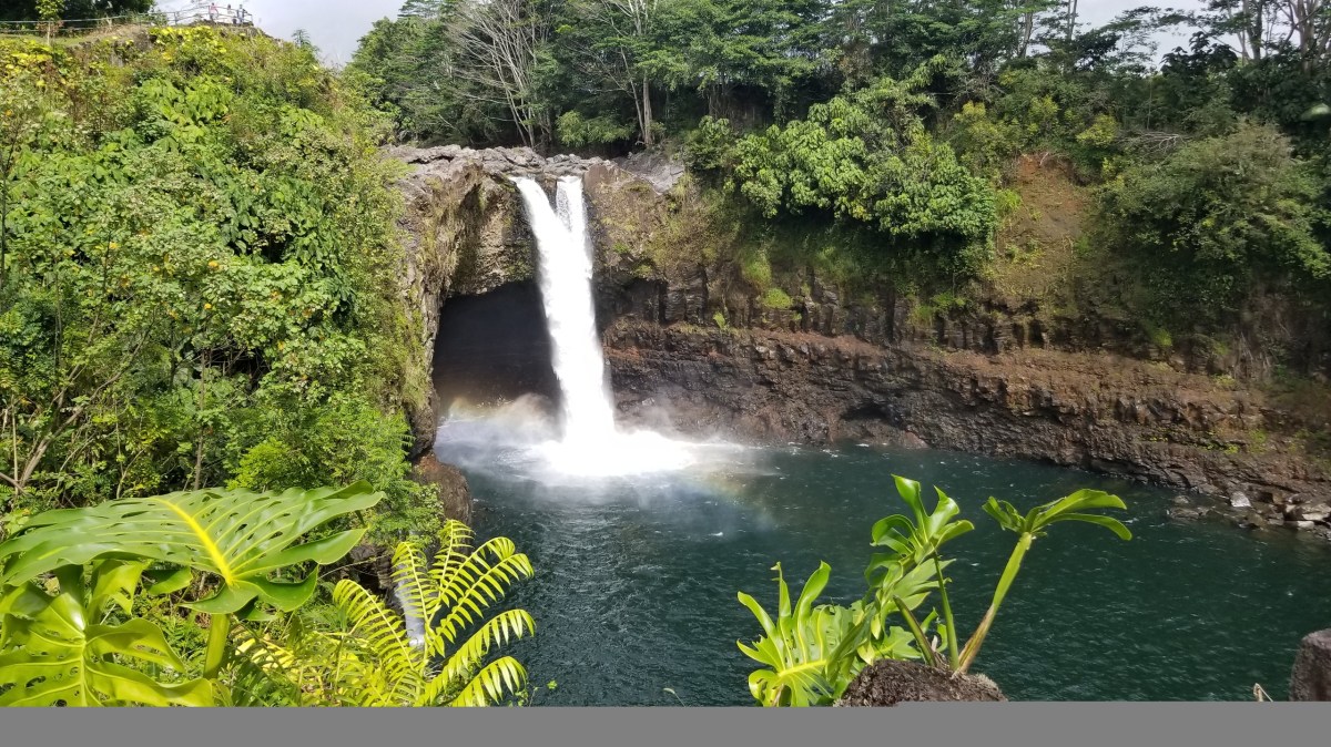 A waterfall cascading into a pool surrounded by lush green foliage and rocky cliffs.